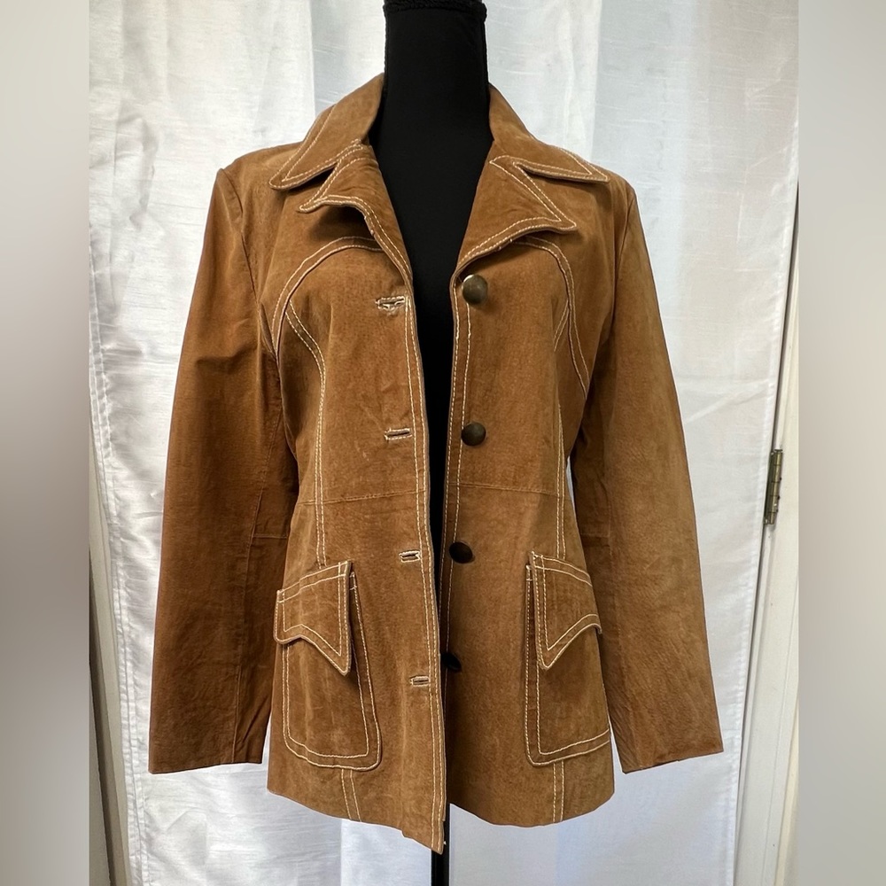 Jennifer J RETRO Y2K Tan Suede Leather Car Coat 70s Style STARSKY & HUTCH Size L